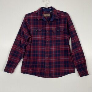 Orvis Shirt Mens Medium Red Navy Plaid Flannel Button Front Side Pockets Outdoor